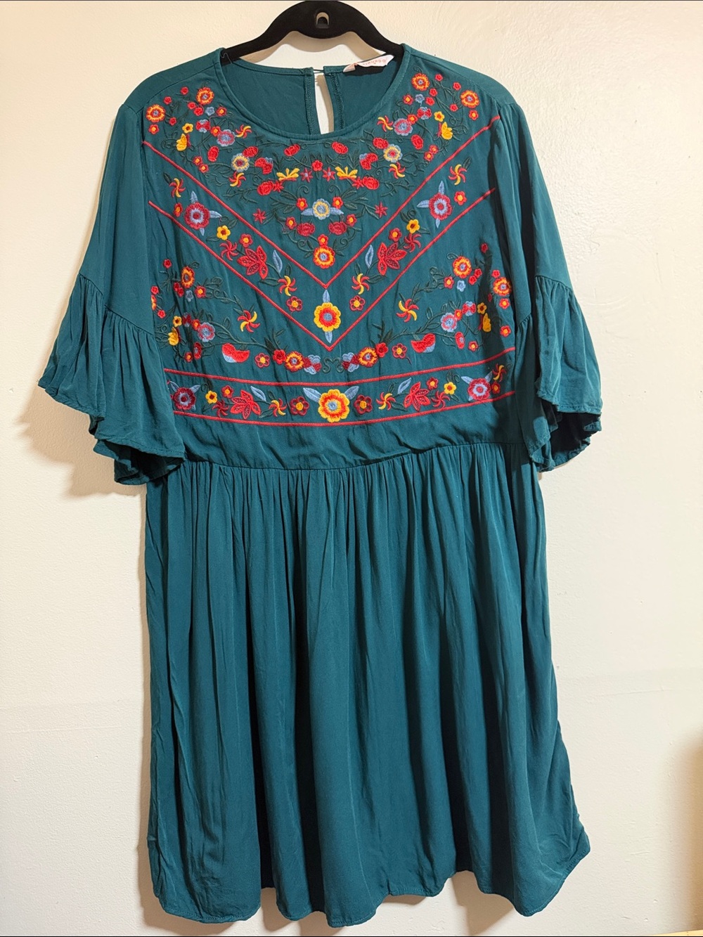 Embroidered Teal Midi Dress with Floral Detail